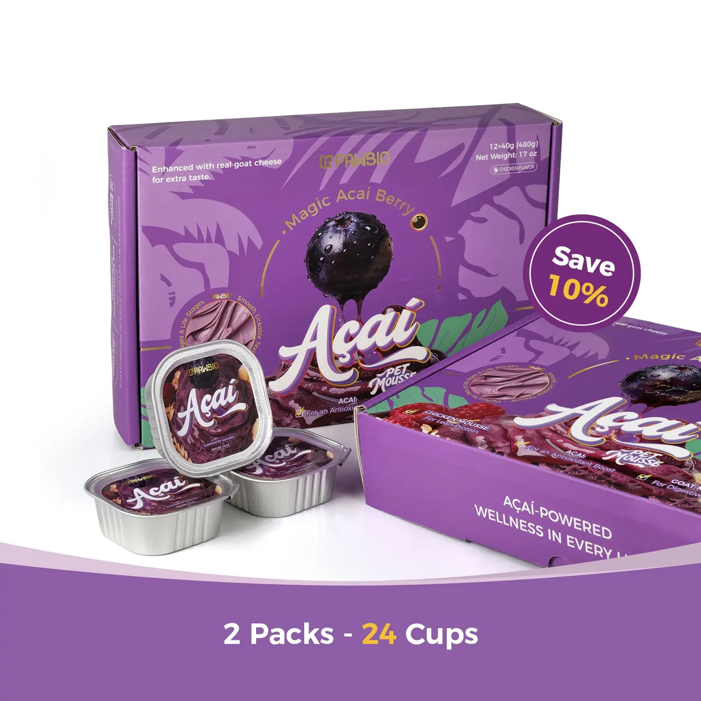 Acai Superfood Mousse, Digestive Support Pet Treats 12 Cups - Tasty Goat Cheese Flavor