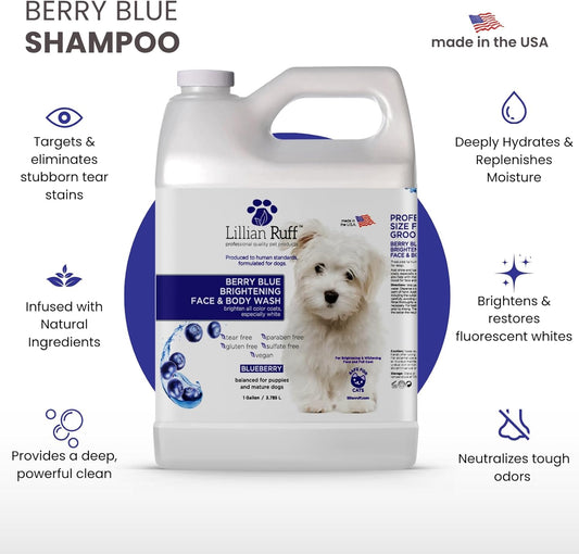 Berry Blue Brightening Dog Shampoo – Ultra Hydrating Whitening Formula for White & Light Coats, Tear Stain & Odor Control, Vitamin B5, Professional Grooming Shampoo with Pump (128 oz)