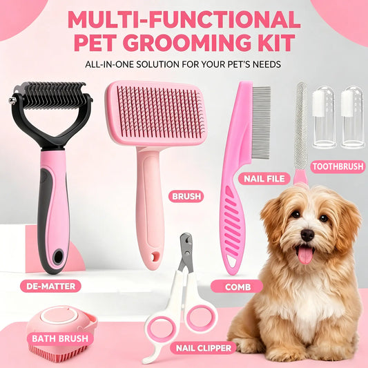 8-In-1 Pet Grooming Kit - Dog & Cat Brush Set with Dematting Comb, Slicker Brush, Nail Clipper & Trimmer - Removes Tangles, Shedding Hair, Dirt & Mats,Your Pet’S Coat Tangle-Free & Shiny, Stress-Free Dog Cat Grooming,Pet Products, Cat Stuff, Dog Stuff,
