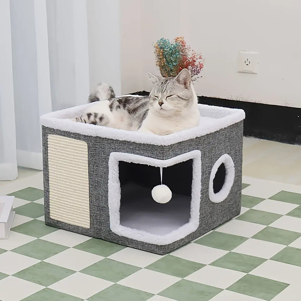 4-In-1 Foldable Cat House Villa - Luxury Indoor Cat Condo with Scratch Pad & Reversible Cushion Cat Stuff for Indoor Multi-Functional Pet Hideaway,Summervibes