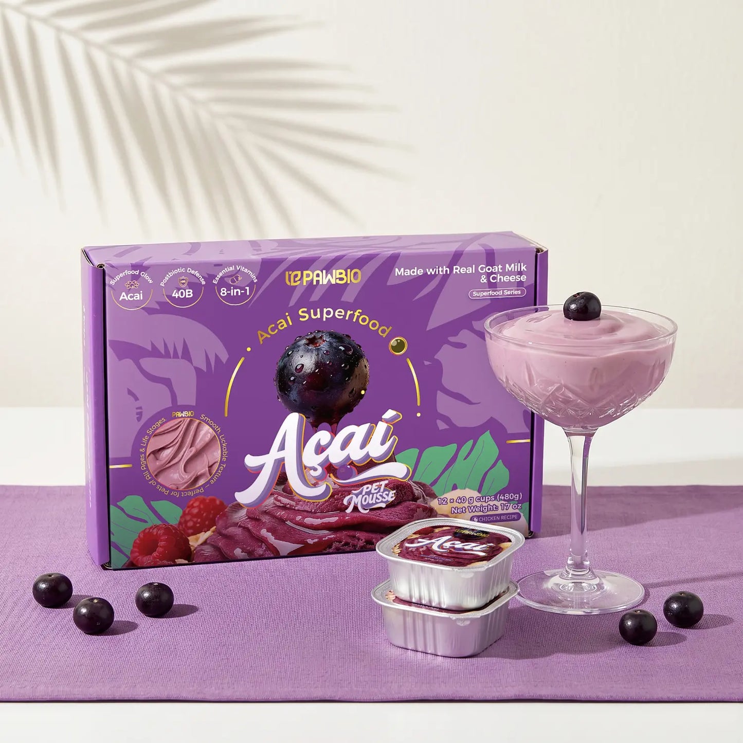 Acai Superfood Mousse, Digestive Support Pet Treats 12 Cups - Tasty Goat Cheese Flavor
