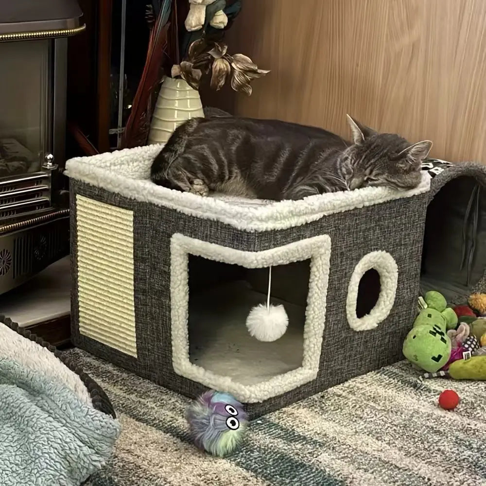 4-In-1 Foldable Cat House Villa - Luxury Indoor Cat Condo with Scratch Pad & Reversible Cushion Cat Stuff for Indoor Multi-Functional Pet Hideaway,Summervibes