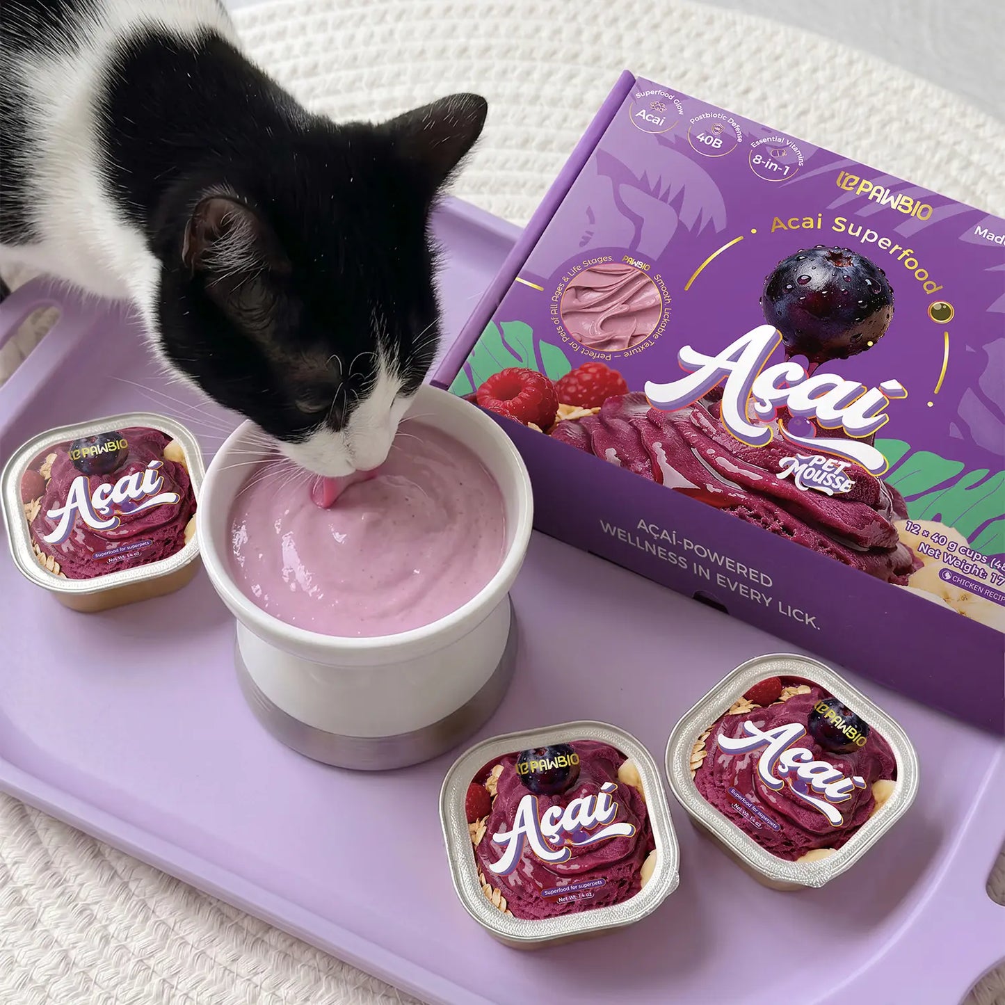 Acai Superfood Mousse, Digestive Support Pet Treats 12 Cups - Tasty Goat Cheese Flavor