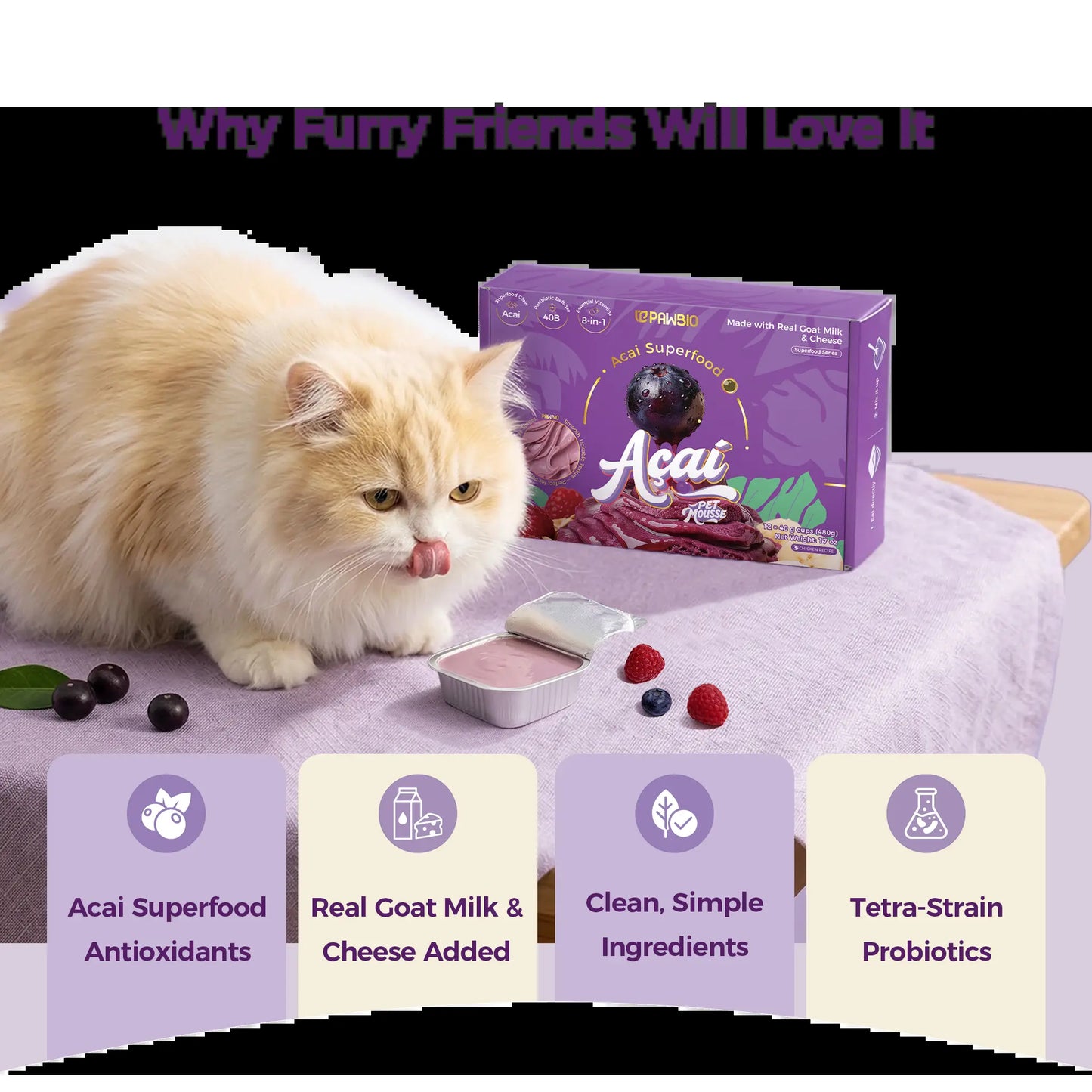 Acai Superfood Mousse, Digestive Support Pet Treats 12 Cups - Tasty Goat Cheese Flavor