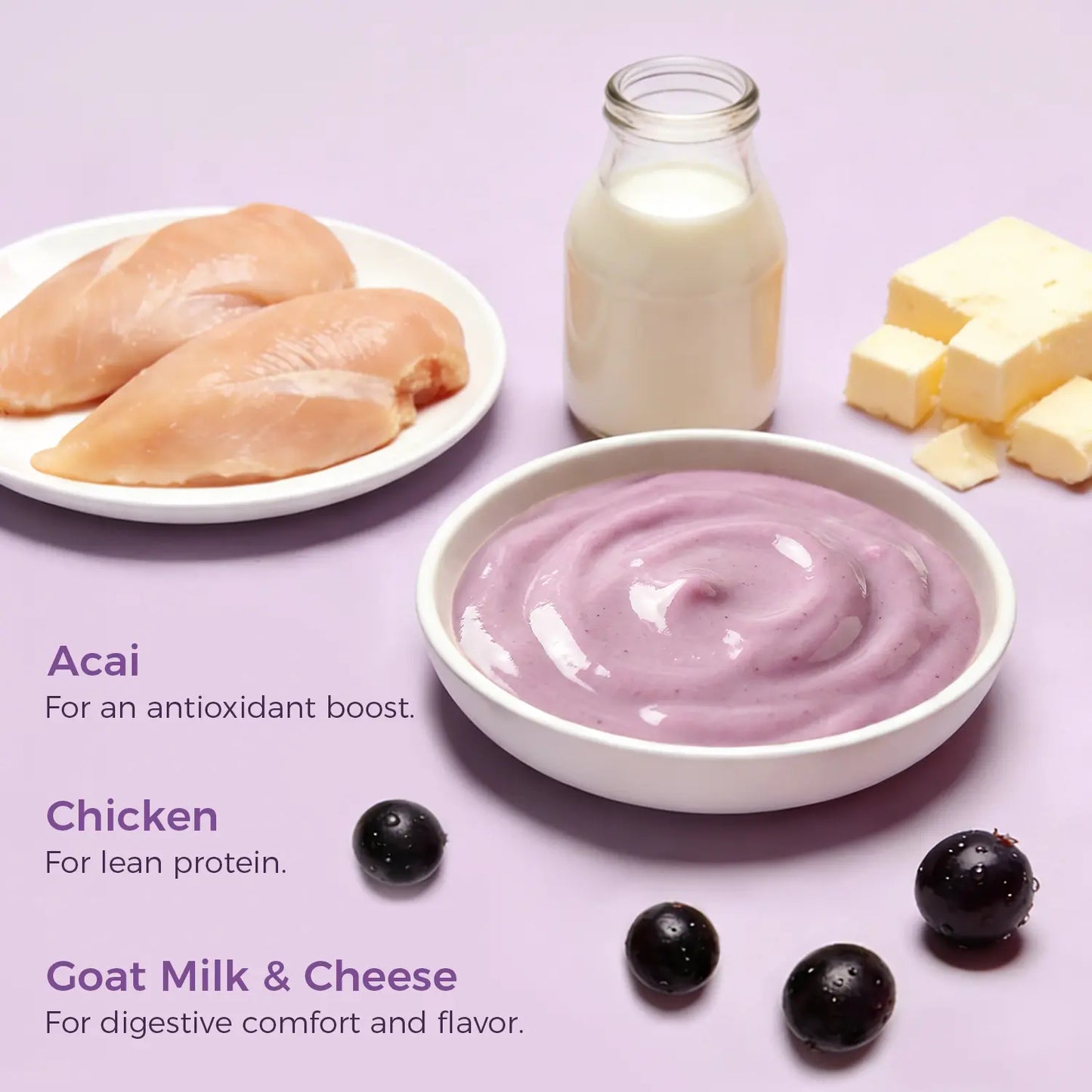 Acai Superfood Mousse, Digestive Support Pet Treats 12 Cups - Tasty Goat Cheese Flavor