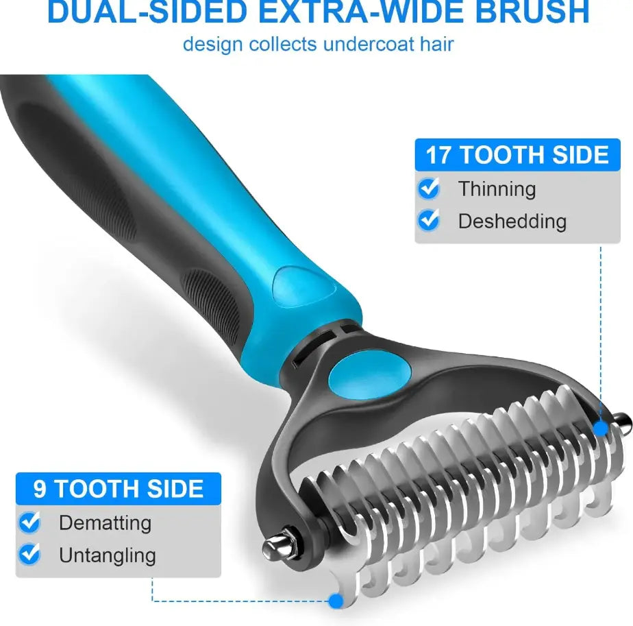 Pet Grooming Brush-Double Sided Hurtless Shedding and Dematting Undercoat Rake Comb for Dogs and Cats, No More Nasty Shedding or Flying Hair