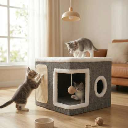 4-In-1 Foldable Cat House Villa - Luxury Indoor Cat Condo with Scratch Pad & Reversible Cushion Cat Stuff for Indoor Multi-Functional Pet Hideaway,Summervibes