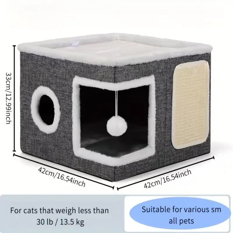 4-In-1 Foldable Cat House Villa - Luxury Indoor Cat Condo with Scratch Pad & Reversible Cushion Cat Stuff for Indoor Multi-Functional Pet Hideaway,Summervibes