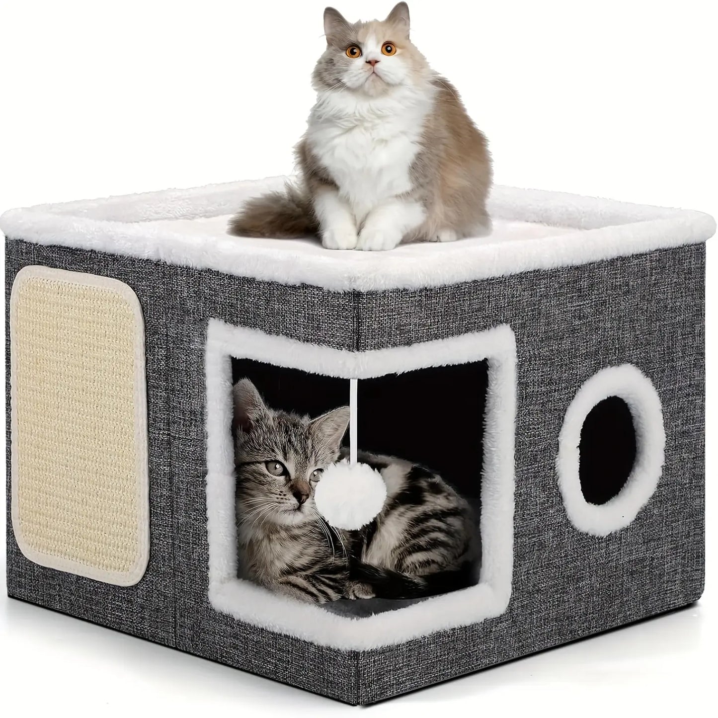 4-In-1 Foldable Cat House Villa - Luxury Indoor Cat Condo with Scratch Pad & Reversible Cushion Cat Stuff for Indoor Multi-Functional Pet Hideaway,Summervibes