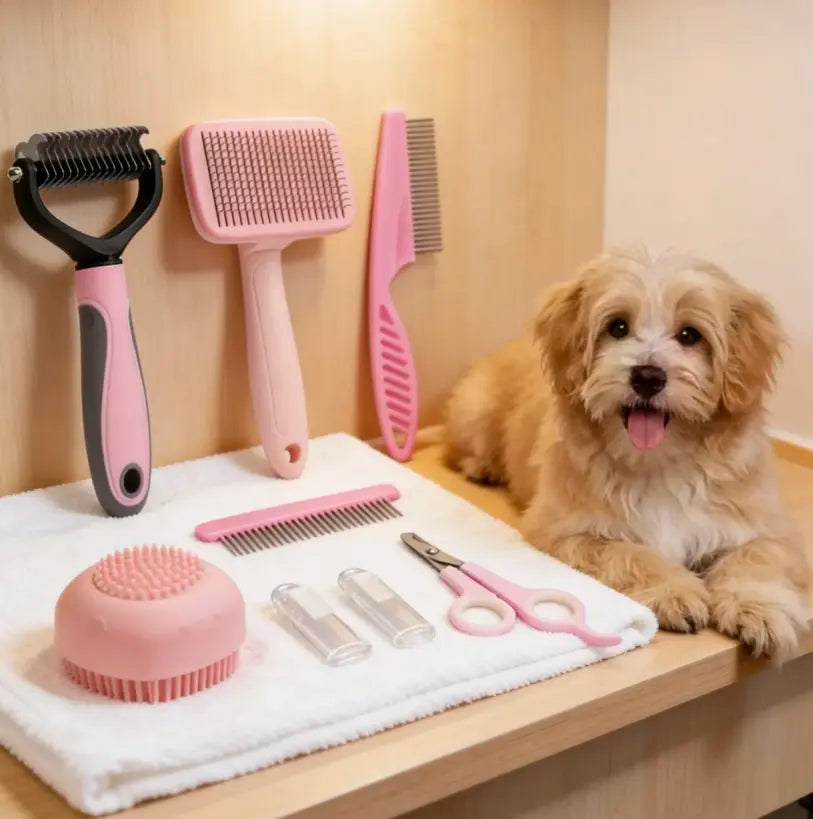 8-In-1 Pet Grooming Kit - Dog & Cat Brush Set with Dematting Comb, Slicker Brush, Nail Clipper & Trimmer - Removes Tangles, Shedding Hair, Dirt & Mats,Your Pet’S Coat Tangle-Free & Shiny, Stress-Free Dog Cat Grooming,Pet Products, Cat Stuff, Dog Stuff,
