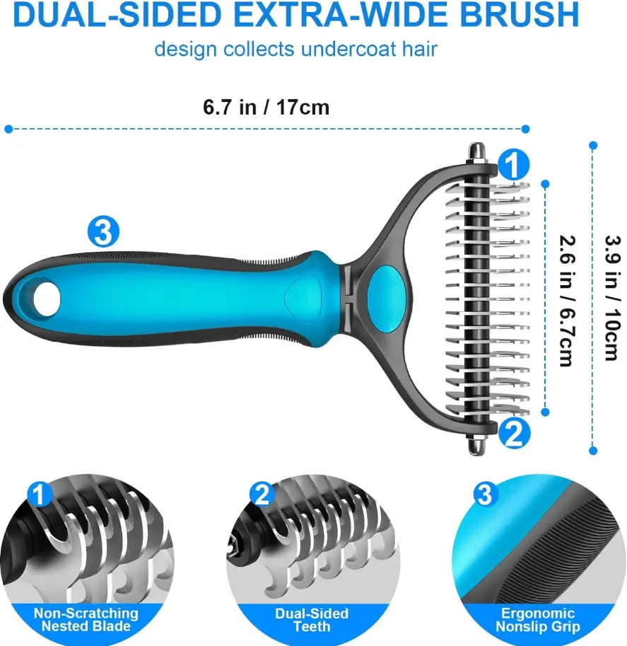 Pet Grooming Brush-Double Sided Hurtless Shedding and Dematting Undercoat Rake Comb for Dogs and Cats, No More Nasty Shedding or Flying Hair