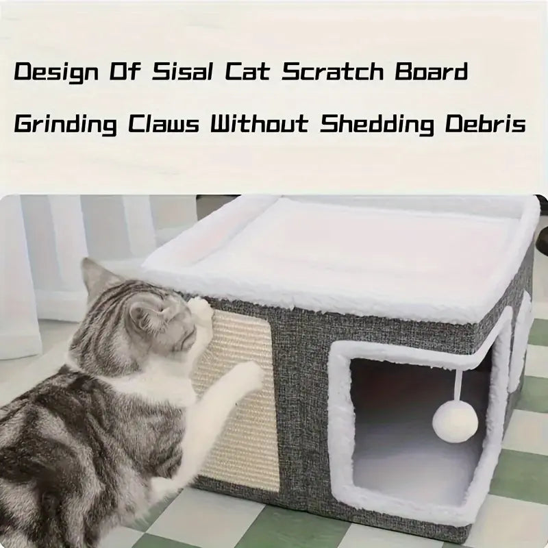 4-In-1 Foldable Cat House Villa - Luxury Indoor Cat Condo with Scratch Pad & Reversible Cushion Cat Stuff for Indoor Multi-Functional Pet Hideaway,Summervibes