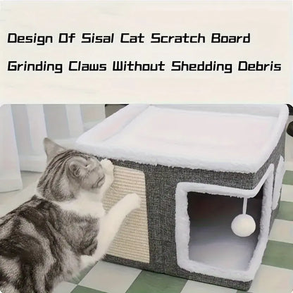 4-In-1 Foldable Cat House Villa - Luxury Indoor Cat Condo with Scratch Pad & Reversible Cushion Cat Stuff for Indoor Multi-Functional Pet Hideaway,Summervibes