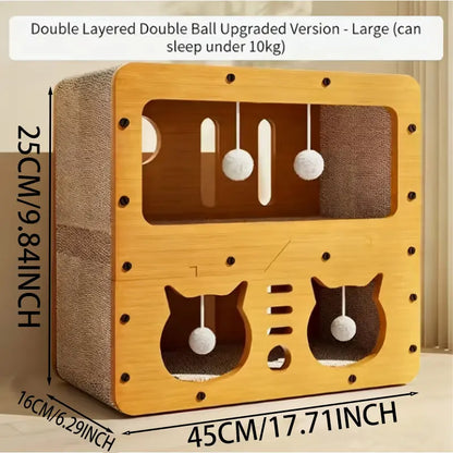 Cat House Indoor & Outdoor, Spacious Multi-Functional Cat Condo with Dual Scratch Pads, Plush Balls & Ventilated Door, Durable Plywood & Kraft Paper Cat Shelter, Ideal for Cats