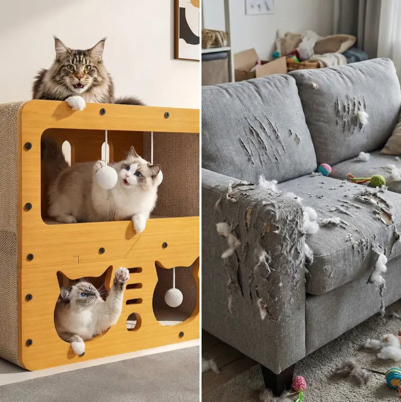 Cat House Indoor & Outdoor, Spacious Multi-Functional Cat Condo with Dual Scratch Pads, Plush Balls & Ventilated Door, Durable Plywood & Kraft Paper Cat Shelter, Ideal for Cats