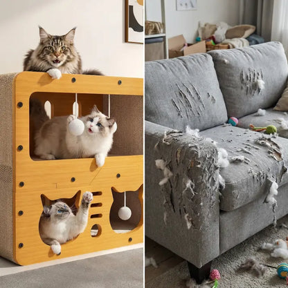 Cat House Indoor & Outdoor, Spacious Multi-Functional Cat Condo with Dual Scratch Pads, Plush Balls & Ventilated Door, Durable Plywood & Kraft Paper Cat Shelter, Ideal for Cats