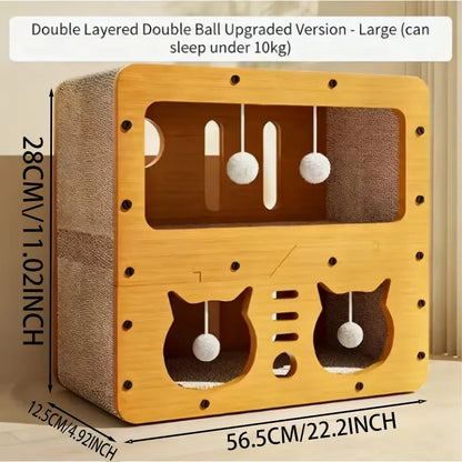 Cat House Indoor & Outdoor, Spacious Multi-Functional Cat Condo with Dual Scratch Pads, Plush Balls & Ventilated Door, Durable Plywood & Kraft Paper Cat Shelter, Ideal for Cats