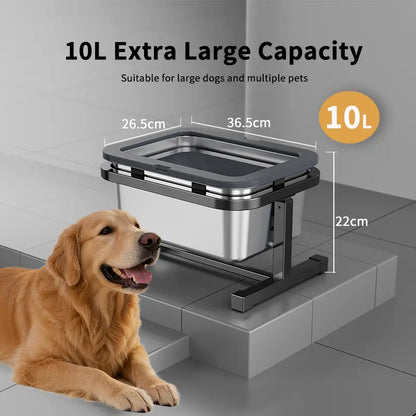 10L Spill-Proof Dog Water Bowl, Elevated Stainless Steel Anti-Splash Slow Water Feeder for Large Dogs