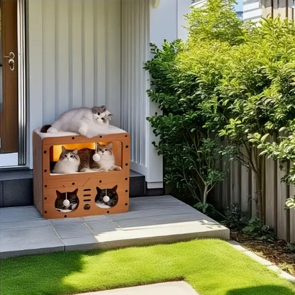 Cat House Indoor & Outdoor, Spacious Multi-Functional Cat Condo with Dual Scratch Pads, Plush Balls & Ventilated Door, Durable Plywood & Kraft Paper Cat Shelter, Ideal for Cats